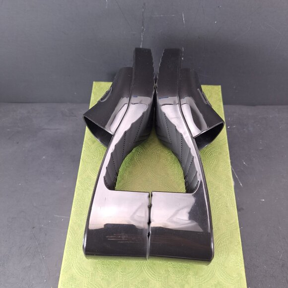 Gucci Rubber Block Heel Platform Logo Slide Sandals Womens Size 40 Black - Picture 9 of 15